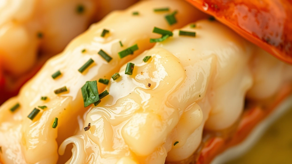 detail: close-up of cooked lobster tail meat glistening with garlic butter sauce, showing tender translucent meat texture, fresh herbs sprinkled on top, photorealistic, natural light, no text