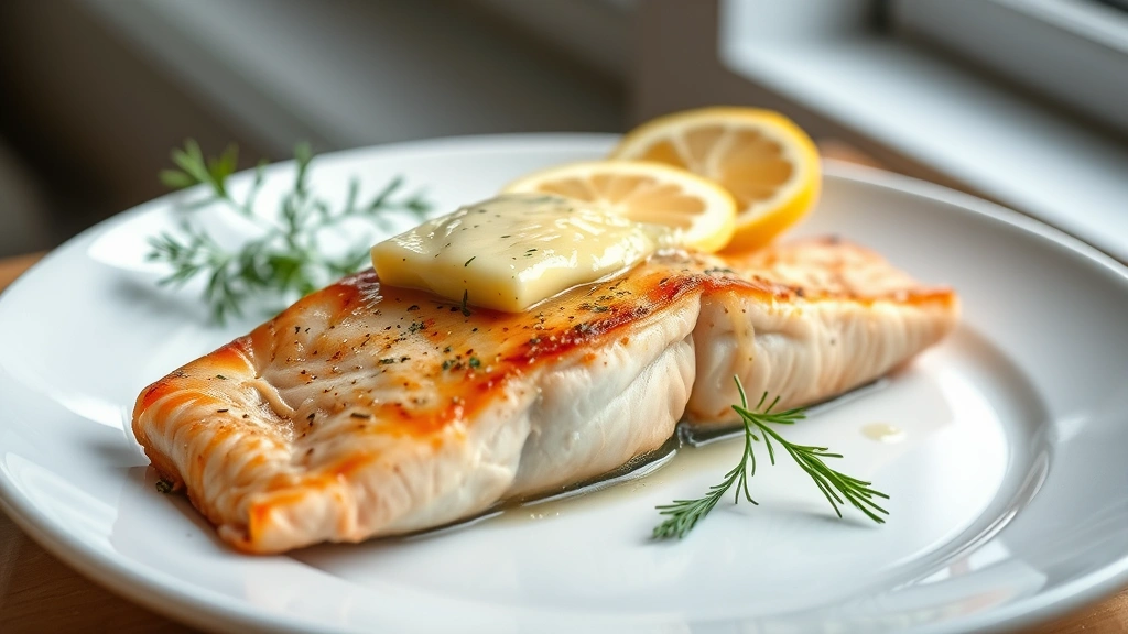 hero: perfectly broiled salmon fillet with golden garlic butter on top, fresh lemon slice and dill garnish, white plate, natural window light, professional food photography