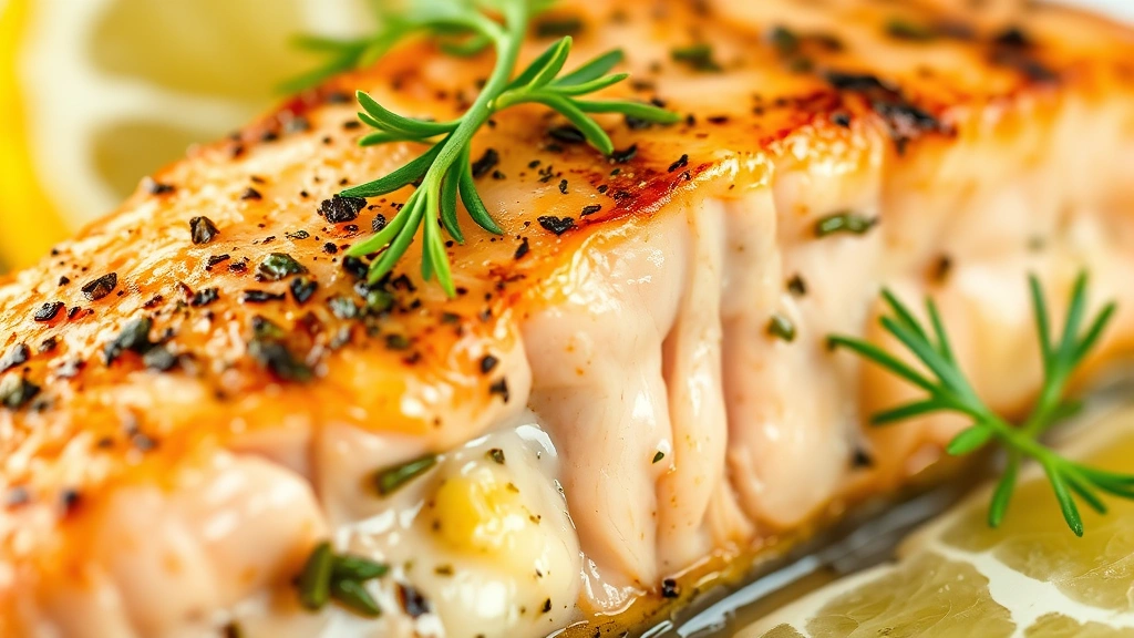 detail: close-up of flaked broiled salmon showing moist interior and caramelized top, melted herb butter coating, lemon and fresh dill garnish, shallow depth of field, studio lighting