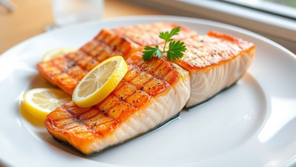 hero: perfectly broiled salmon fillets with golden caramelized top, fresh lemon slices and parsley garnish on white plate, natural window light, elegant plating