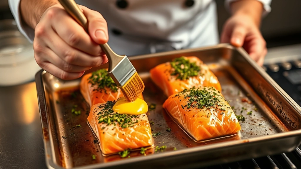 process: chef brushing herb butter mixture onto raw salmon fillets on broiler pan, hands in frame, warm kitchen lighting, action shot