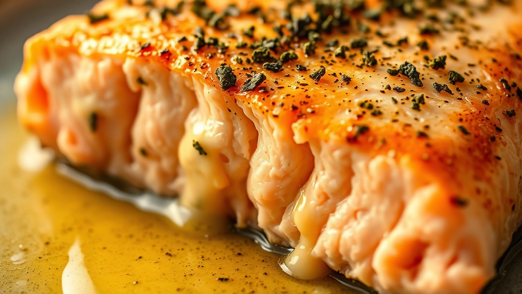 detail: close-up of flaky cooked salmon fillet showing tender interior, herb butter dripping down side, shallow depth of field, golden hour light