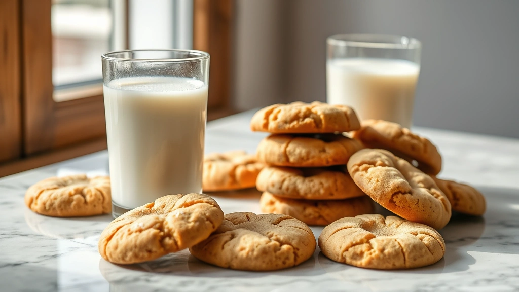 hero: warm brown butter cookies on a marble surface with a glass of cold milk, golden-brown edges visible, steam rising, natural window light, no text