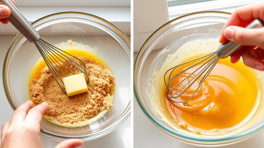 process: hand whisking browned butter with brown sugar in a glass bowl, golden butter visible, natural daylight from window, no text