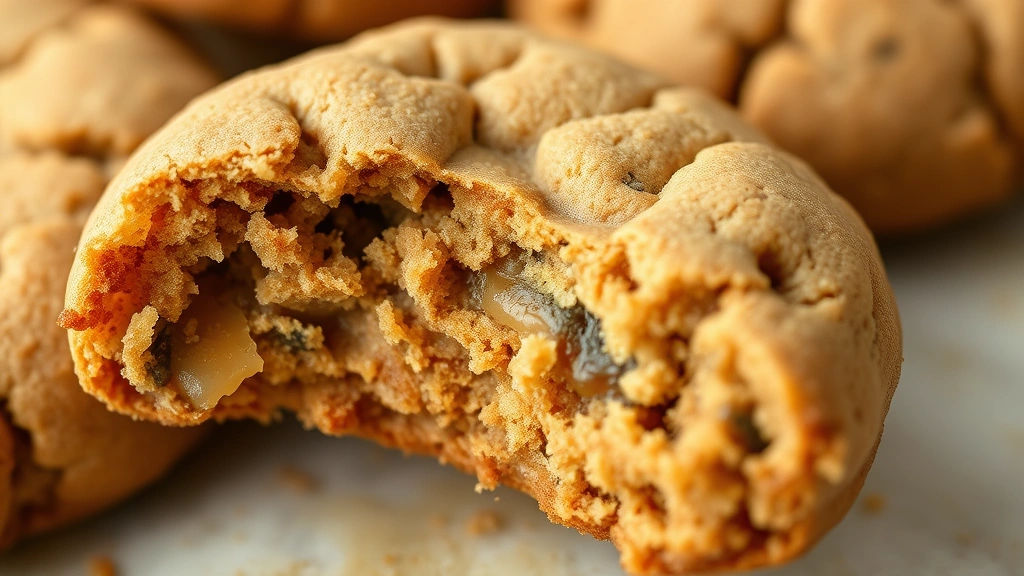 detail: close-up of a single brown butter cookie showing the chewy center and crispy edge, broken in half, no text