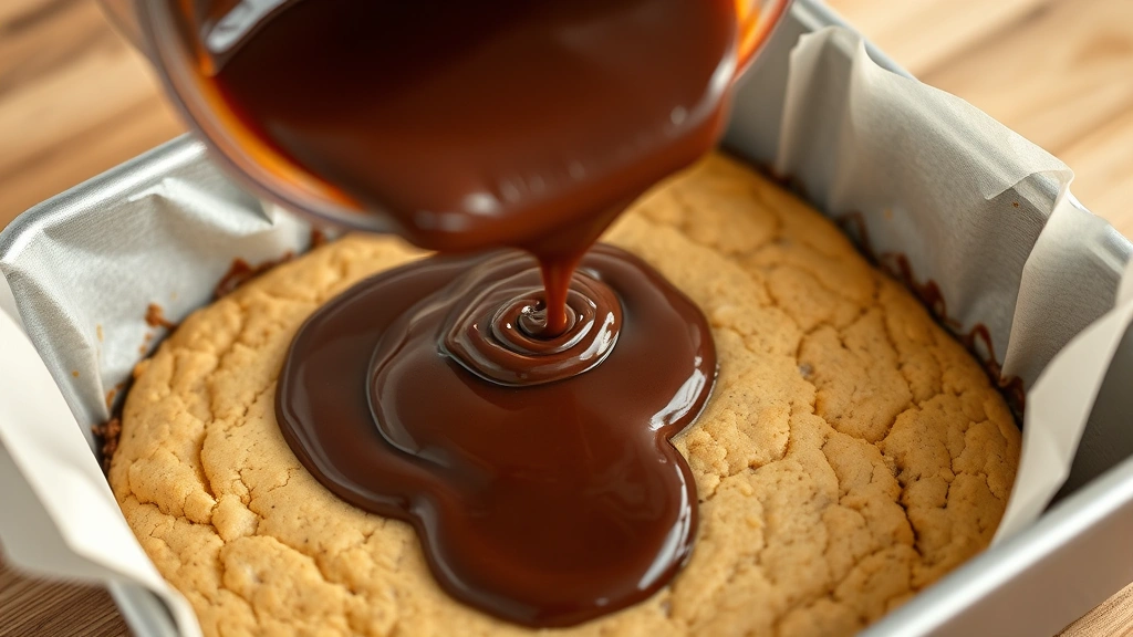 process: pouring rich chocolate brownie batter over golden cookie base in baking pan, photorealistic, natural kitchen light, no text