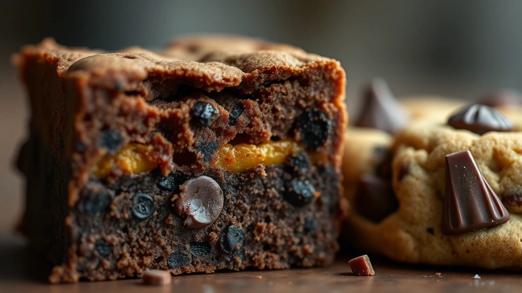 detail: close-up cross-section of brownie and cookie showing layers and chocolate chips, photorealistic, shallow depth of field, natural light, no text