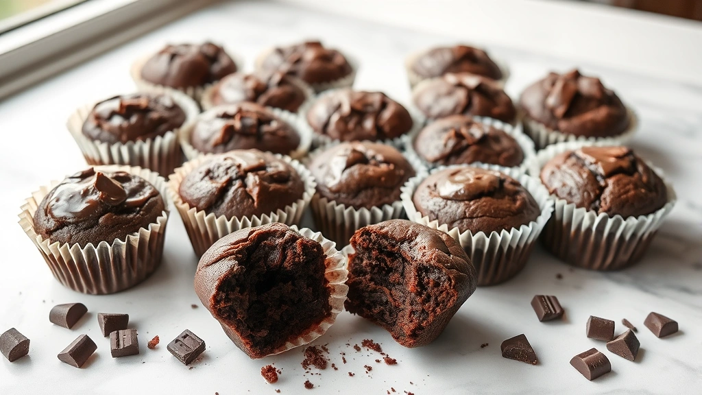 hero: dozen chocolate brownie bites in muffin liners arranged on white marble surface with one unwrapped bite showing fudgy interior, scattered chocolate pieces, natural window light, sharp focus