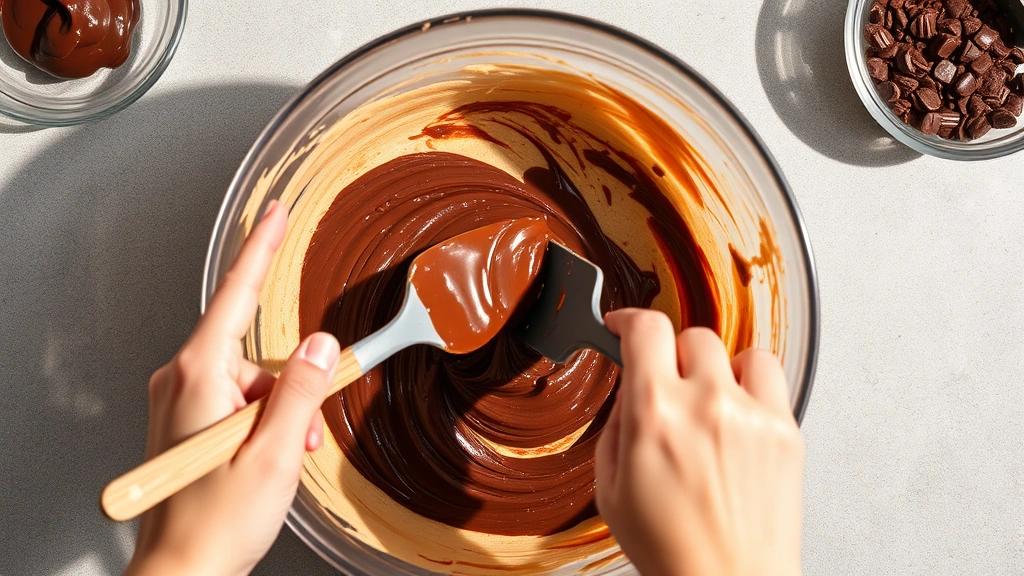 process: hands folding chocolate batter with spatula in mixing bowl, chocolate-coated spatula, overhead view, natural daylight, clear action shot