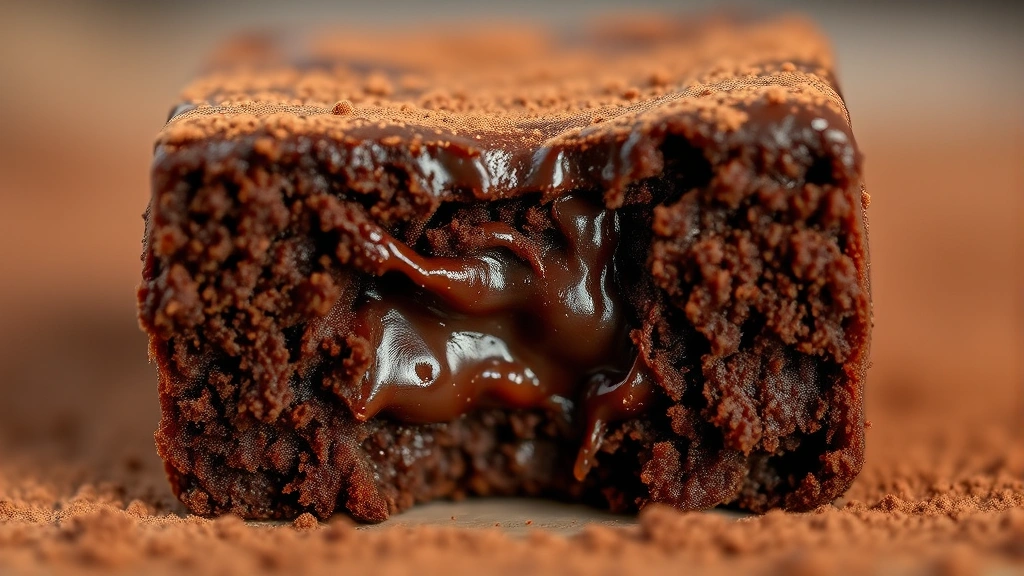 detail: close-up cross-section of single brownie bite showing fudgy gooey center with glossy top, dusted with cocoa powder, macro photography, shallow depth of field, warm lighting