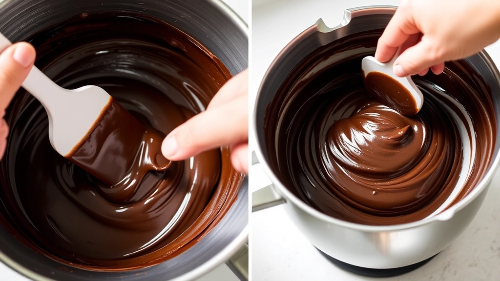 process: hands folding chocolate batter with spatula, glossy dark batter visible, metal mixing bowl, kitchen counter setting, bright natural light, no text