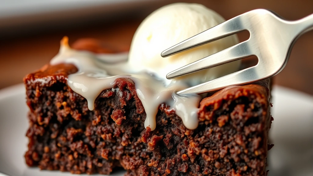 detail: close-up of warm brownie cake slice showing fudgy center and cake crumb, melted ice cream on top, fork cutting into it, shallow depth of field, no text