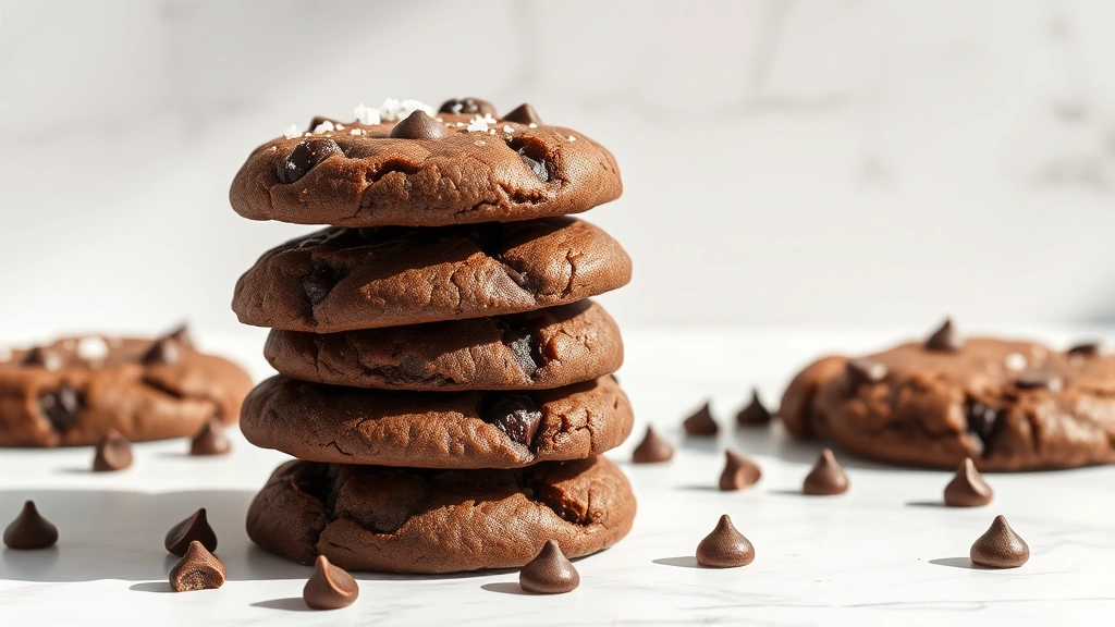 hero: stack of chewy fudgy brownie cookies with chocolate chips, dusted with sea salt, natural sunlight, white marble background