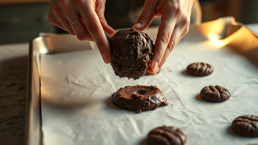 process: hands scooping brownie cookie dough onto parchment-lined baking sheet, golden kitchen lighting, close perspective