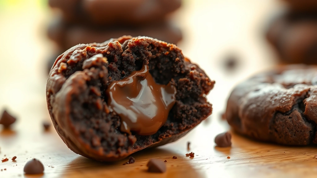 detail: single brownie cookie broken in half showing chewy gooey center with melted chocolate, shallow depth of field, warm natural light