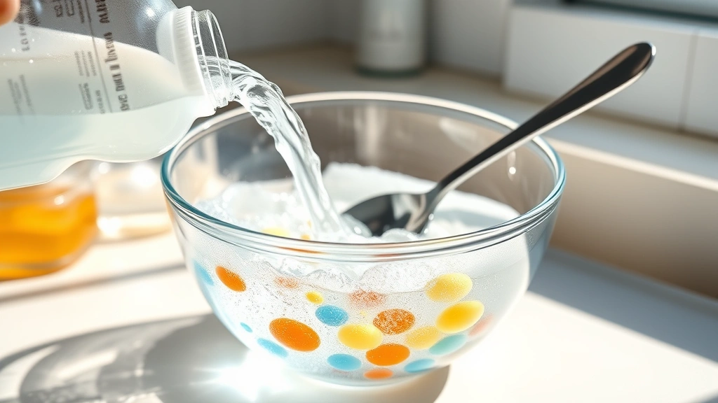 process: pouring dish soap into water, mixing bubble solution in clear glass bowl with spoon, colorful ingredients visible, sunlit kitchen counter, photorealistic, natural lighting, no text