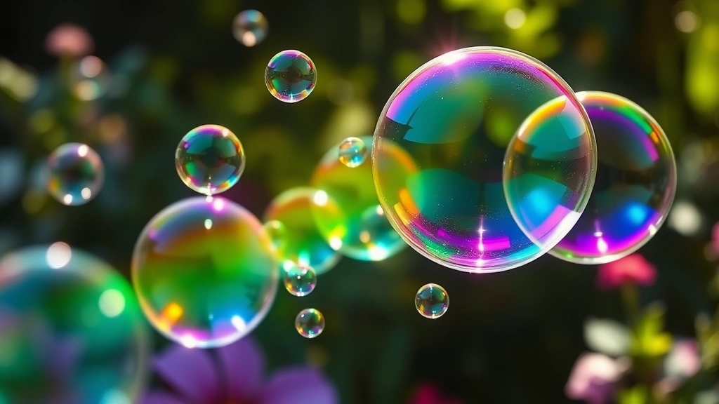 hero: beautiful rainbow iridescent bubbles floating in bright natural sunlight, photorealistic, no text, outdoor garden setting