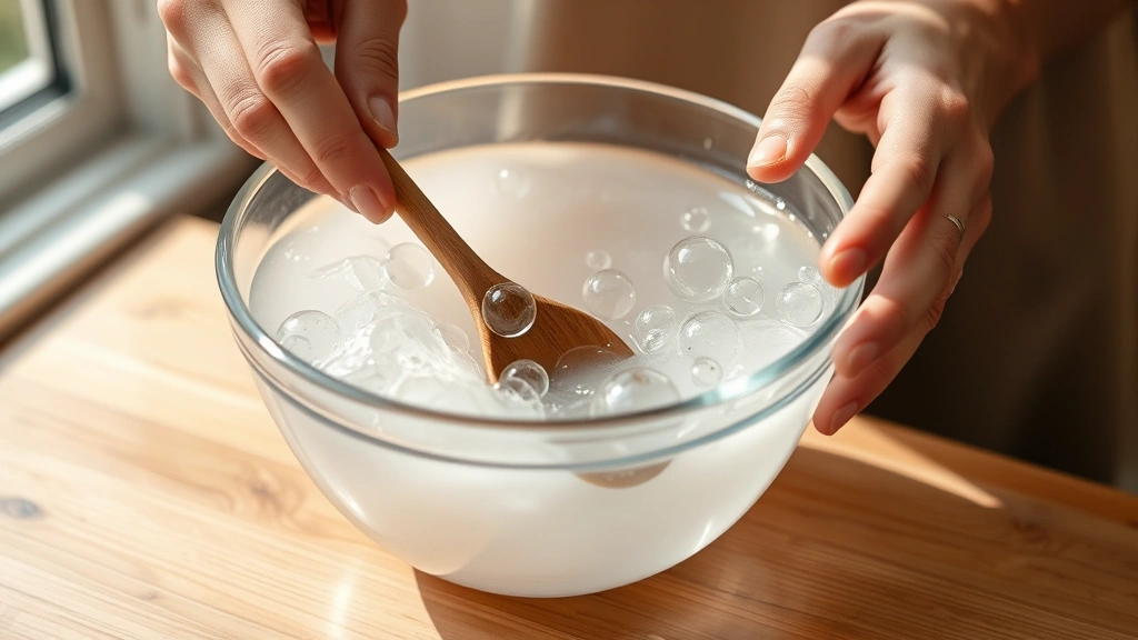 process: hands gently stirring clear bubble solution in a clear glass bowl with a wooden spoon, photorealistic, natural window light, no text