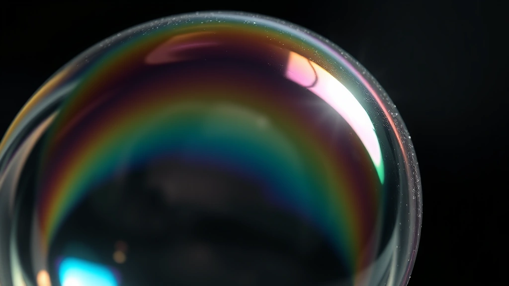 detail: close-up macro shot of a large shimmering bubble with rainbow light refraction, photorealistic, shallow depth of field, no text