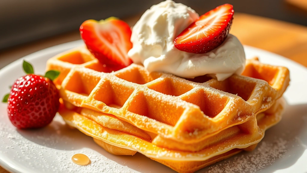 hero: golden crispy bubble waffle with honeycomb pockets, topped with vanilla ice cream and fresh strawberries, powdered sugar dusting, served on white plate, natural sunlight streaming in, professional food photography