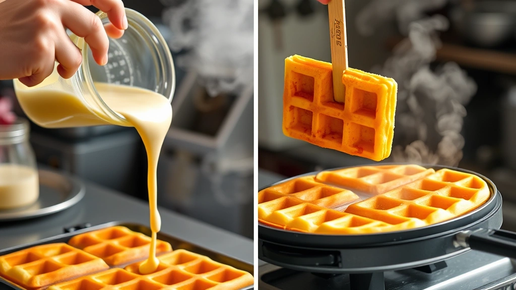 process: hands pouring batter into bubble waffle iron, golden waffles being carefully removed with wooden skewer, steam rising, bright kitchen lighting, action shot