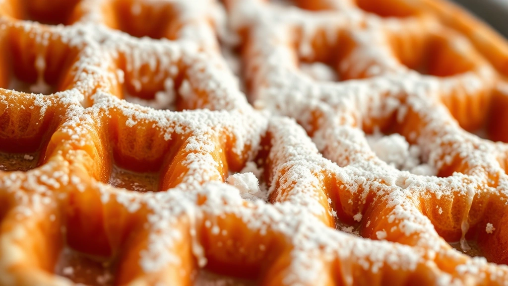 detail: extreme close-up of bubble waffle's crispy honeycomb texture, caramelized golden edges, powdered sugar crystals visible, shallow depth of field, warm natural light
