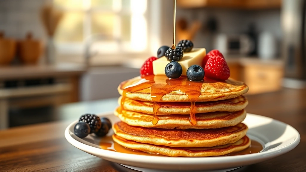 hero: stack of golden buckwheat flour pancakes topped with maple syrup, butter, and fresh berries on a white ceramic plate, soft morning sunlight streaming across the plate, blurred kitchen background, photorealistic, no text
