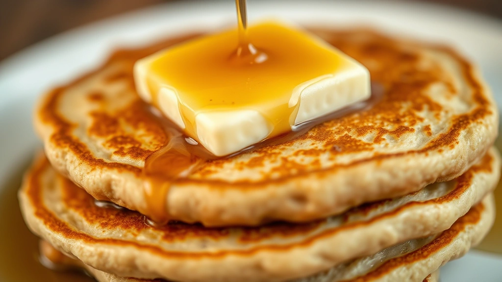 detail: close-up of a single fluffy buckwheat pancake showing the tender crumb structure and golden-brown exterior, topped with a pat of melting butter and maple syrup, shallow depth of field, photorealistic, no text