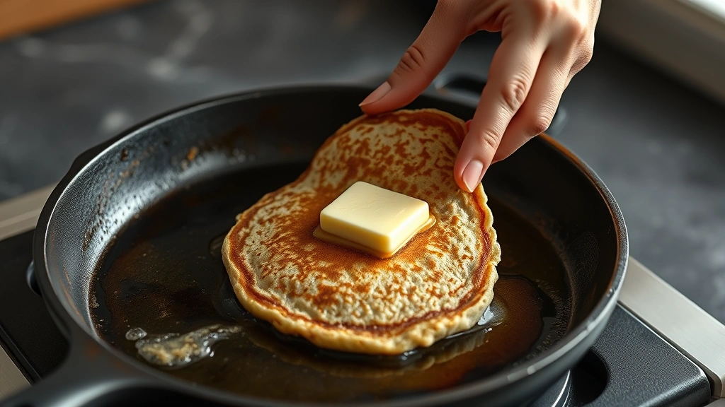 process: hand flipping buckwheat pancake on cast iron griddle, golden brown edges visible, steam rising, butter melting, photorealistic, natural light, no text
