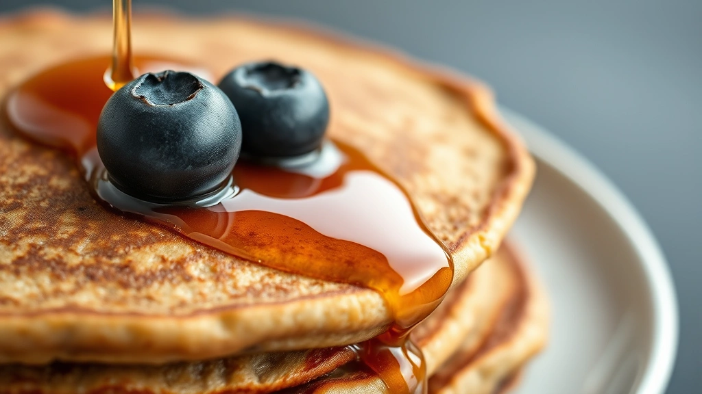 detail: close-up of buckwheat pancake texture showing fluffy interior and crispy edges, single blueberry on top with maple syrup pooling, shallow depth of field, photorealistic, natural light, no text