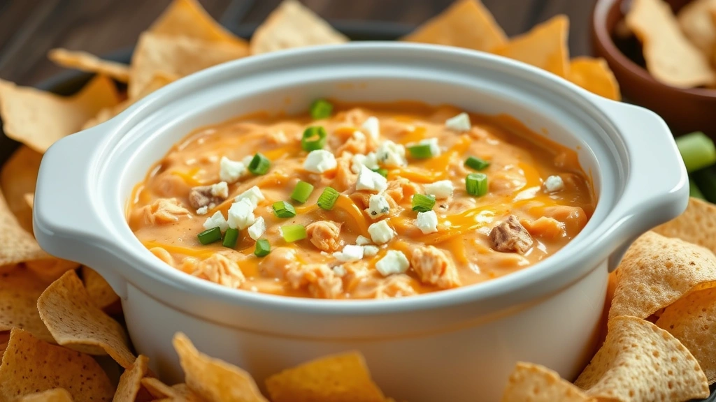 hero: buffalo chicken dip in white ceramic crock pot, creamy melted cheese and shredded chicken visible, garnished with green onions and blue cheese crumbles, warm steam rising, surrounded by tortilla chips and celery sticks, photorealistic, natural warm lighting, no text