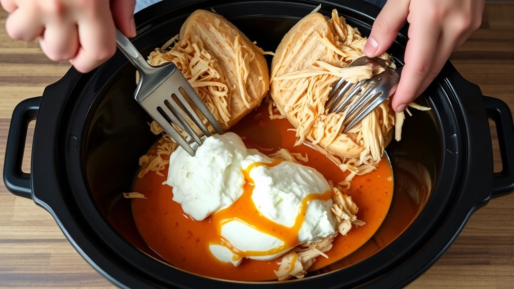 process: hands shredding cooked chicken breasts with two forks over slow cooker, buffalo sauce and cream cheese mixture visible, photorealistic, natural kitchen lighting, no text