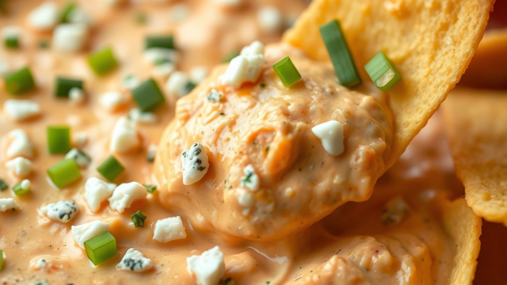 detail: close-up of creamy buffalo chicken dip with blue cheese crumbles, fresh chives garnish, and tortilla chip dipped in, photorealistic, shallow depth of field, no text