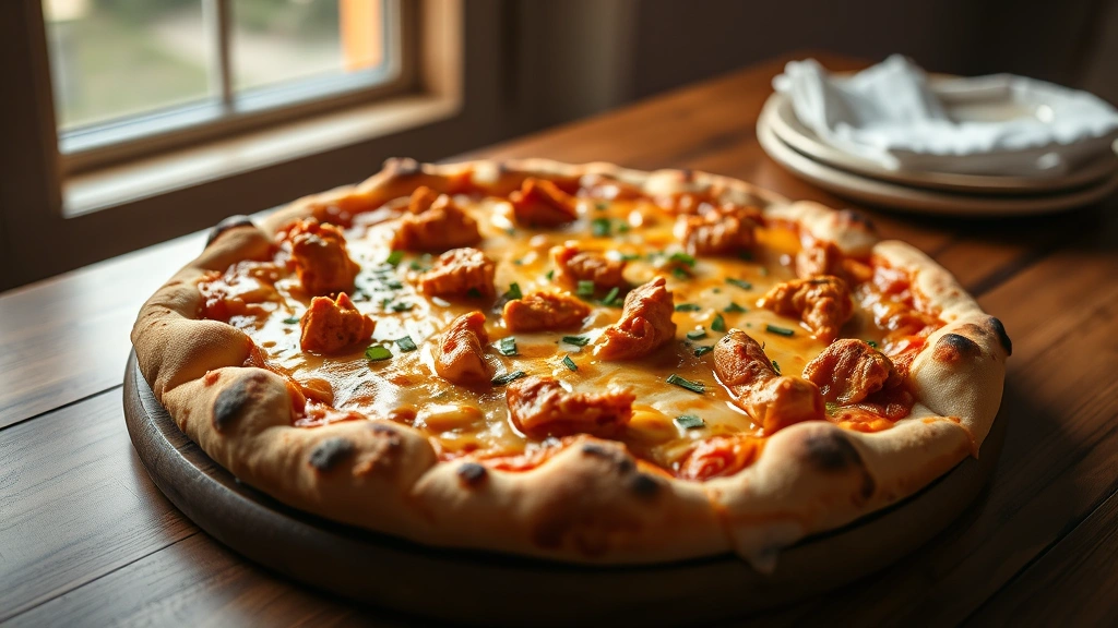 hero: finished buffalo chicken pizza with melted cheese and buffalo chicken on wooden table, photorealistic, warm natural light from window, no text