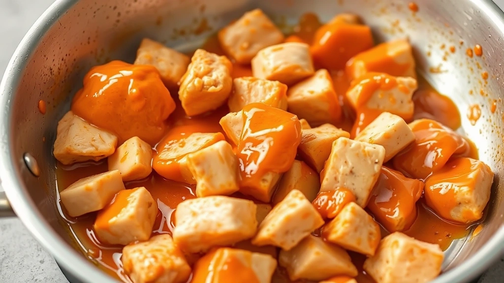 process: cooked chicken pieces tossed in buffalo sauce in skillet, photorealistic, natural light, no text