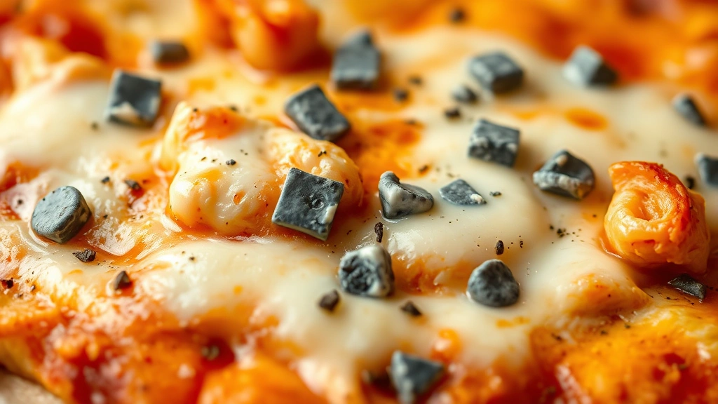 detail: close-up of pizza slice showing layers of buffalo chicken, melted mozzarella and blue cheese, photorealistic, natural light, no text