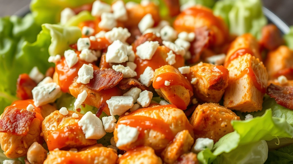 detail: close-up of buffalo chicken salad with focus on tender chicken pieces coated in orange-red sauce, crispy bacon, blue cheese crumbles, and fresh vegetables, shallow depth of field, no text
