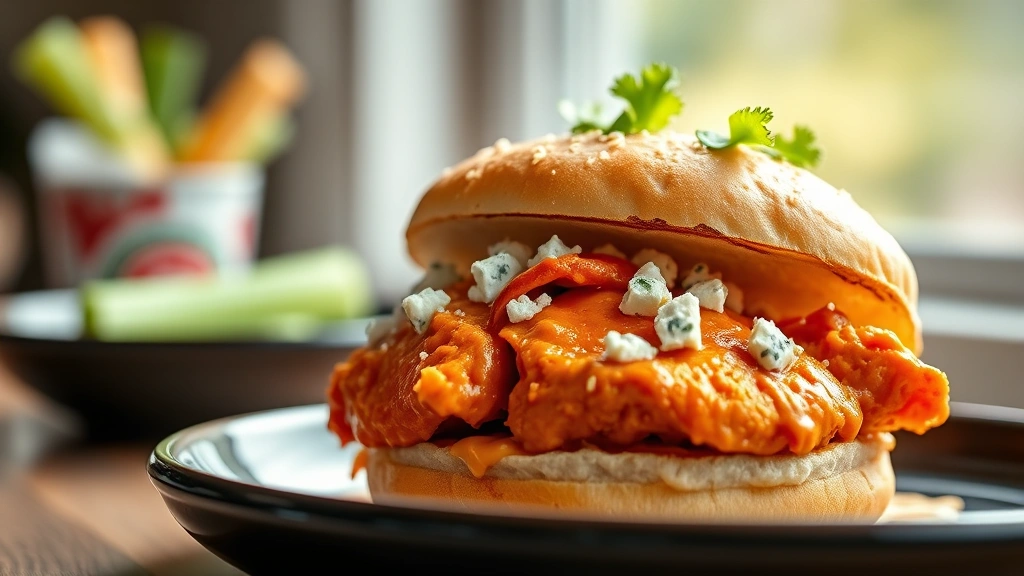 hero: golden-brown buffalo chicken sandwich on toasted brioche bun with blue cheese crumbles and fresh celery garnish, steam rising, professional food photography, natural window lighting, shallow depth of field, close-up side view