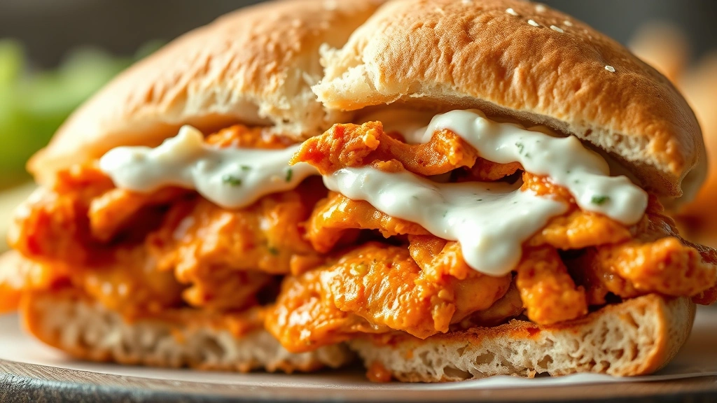 detail: close-up of buffalo chicken sandwich cross-section showing layers of tender chicken, creamy blue cheese dressing, crispy bun texture, and fresh celery, natural soft lighting, macro photography style