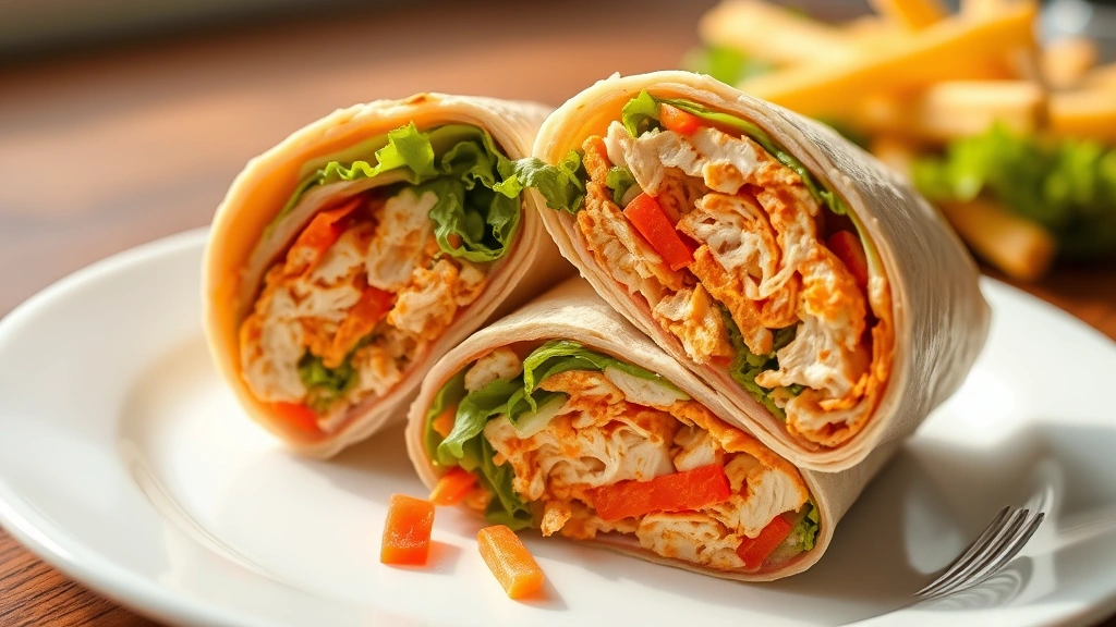 hero: completed Buffalo chicken wrap sliced in half on a white plate, showing layers of Buffalo chicken, cheese, lettuce, tomato and carrots inside, photorealistic, natural sunlight from left side, crisp focus, no text or watermarks