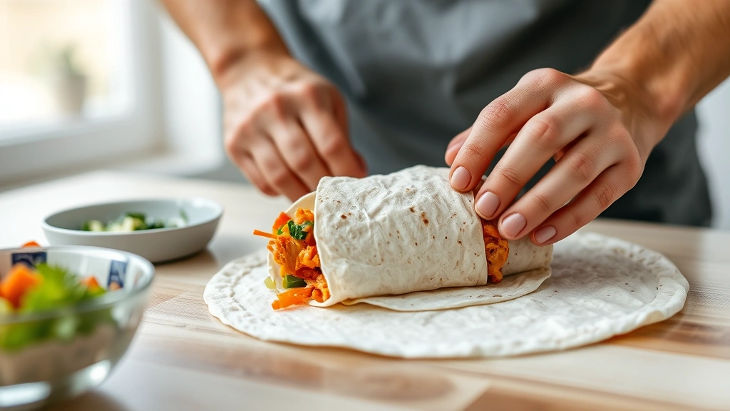 process: hands rolling a flour tortilla filled with Buffalo chicken and vegetables, mid-wrap assembly stage, photorealistic, bright natural window light, shallow depth of field, no text or watermarks