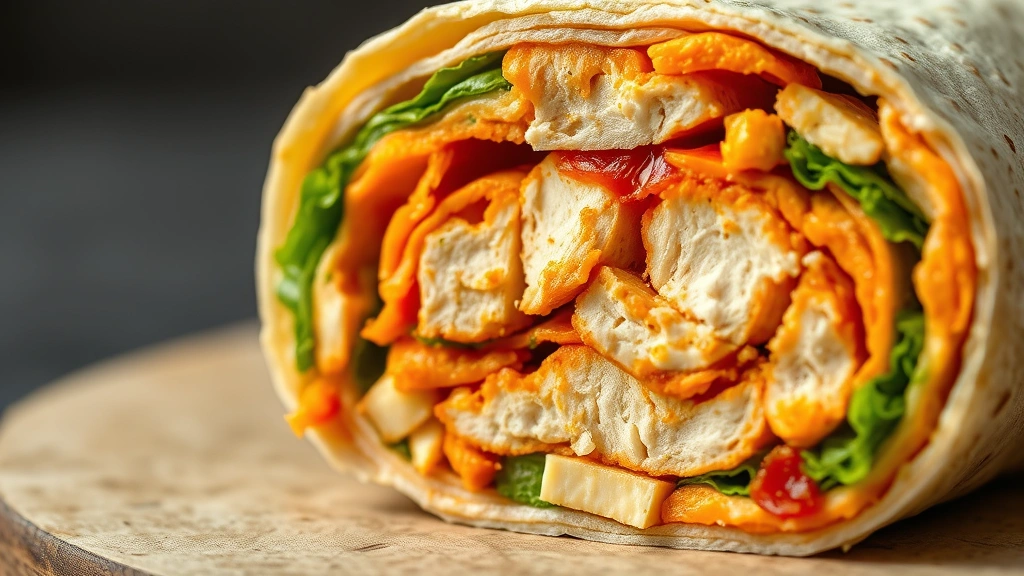 detail: close-up of sliced Buffalo chicken wrap cross-section showing all the colorful layers and fillings, photorealistic, macro photography, natural light, no text or watermarks