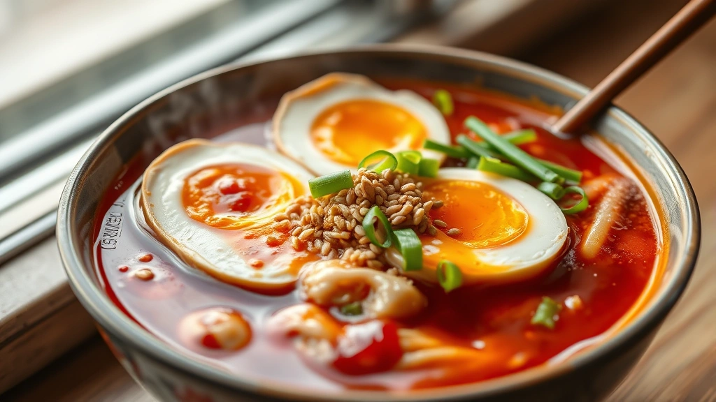 hero: steaming bowl of spicy buldak ramen with soft-boiled egg halves, sesame seeds, green onions, and glossy red chili sauce coating the noodles, photorealistic, natural window light, no text, shallow depth of field