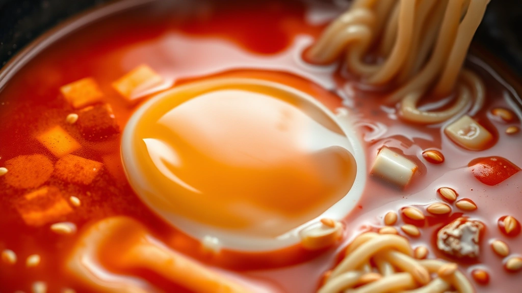 detail: close-up of soft-boiled egg yolk breaking into steaming red broth with ramen noodles, sesame seeds scattered around, photorealistic, natural light, no text, macro photography