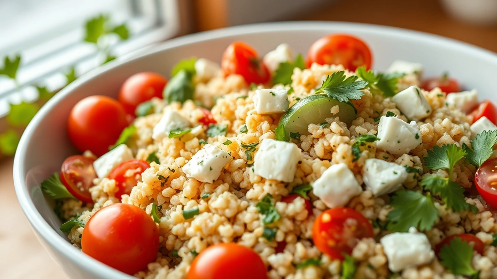 hero: vibrant bulgur wheat salad in white bowl with fresh parsley, cherry tomatoes, cucumber, and feta cheese, Mediterranean style, natural daylight from window, shallow depth of field