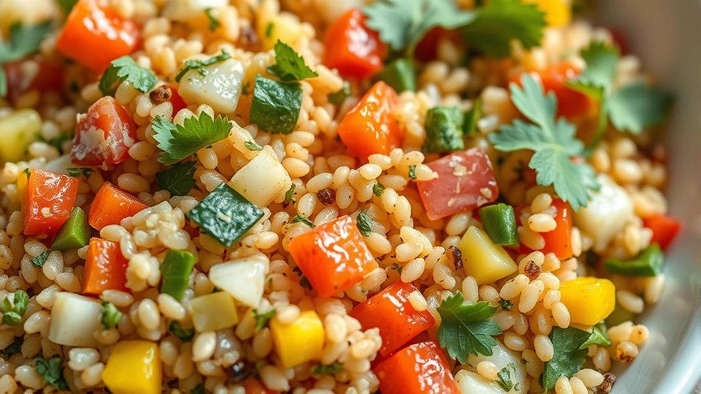 detail: close-up of colorful bulgur salad showing individual grains, diced vegetables, fresh herbs, and lemon vinaigrette glistening, macro photography, natural light