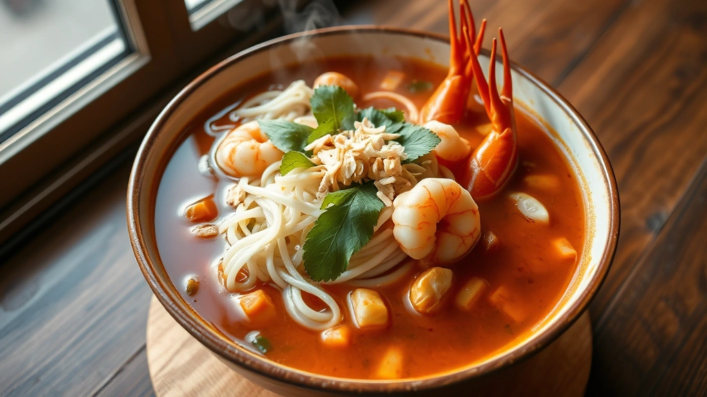 hero: steaming bowl of bun rieu with rice noodles, crab, shrimp in rich tomato broth, fresh herbs and crispy shallots on top, Vietnamese ceramic bowl, natural daylight from window, wooden table, no text or watermarks