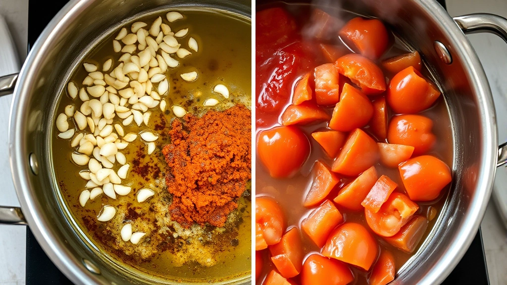 process: shallots and garlic sizzling in oil in large pot, shrimp paste toasting, tomatoes breaking down, steam rising, close-up of pot from above, natural kitchen lighting, no text