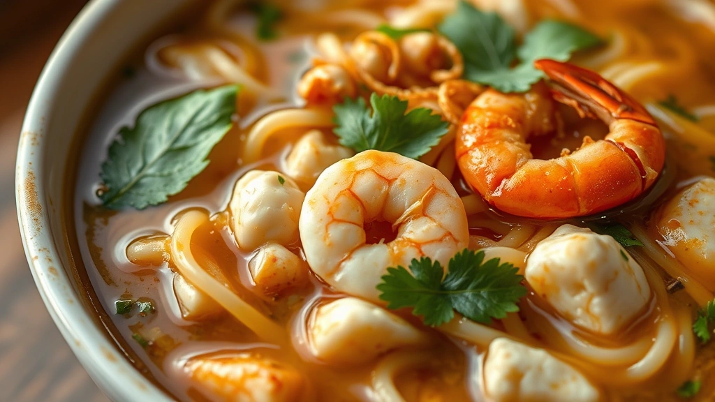 detail: close-up of finished bun rieu soup showing texture of noodles, chunks of crab, pink shrimp, fresh cilantro and mint leaves, crispy fried shallots, rich broth, shallow depth of field, warm natural light, no text
