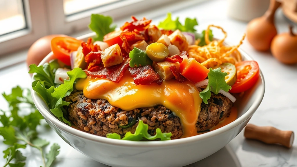 hero: A beautifully plated burger bowl with warm seasoned ground beef, crispy bacon bits, melted cheddar cheese, fresh greens, diced tomatoes, red onions, pickles, and crispy onion strings, drizzled with burger sauce, served in a white ceramic bowl on a marble countertop, photorealistic, natural window lighting, styled with fresh ingredients around it, no text